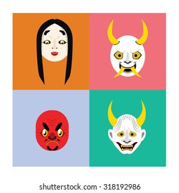 Illustration of Japanese demon masks in flat coloring