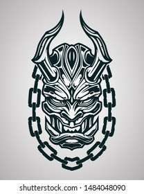 Illustration of Japanese demonic mask in tattoo style