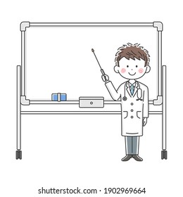 Illustration of a Japanese doctor explained on a whiteboard.