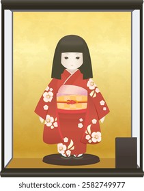 Illustration of Japanese doll with case