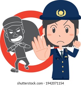 Illustration of a Japanese female police officer stopping a suspicious man