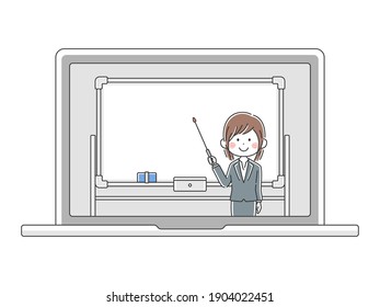 Illustration of a Japanese female teacher giving an online lesson.