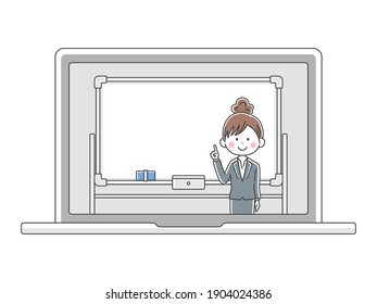Illustration of a Japanese female teacher giving an online lesson.