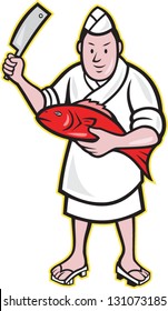 Illustration of a Japanese fishmonger butcher chef cook with knife holding red fish on isolated background.