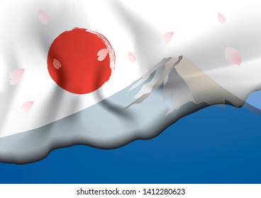 Illustration of Japanese flag of Hinomaru and cherry blossoms on Mt. Fuji