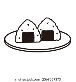 Illustration of Japanese food, monochrome line drawing of rice ball on a plate.