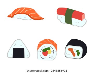 illustration of Japanese food, sushi and onigiri.