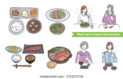 Illustration of Japanese food and women