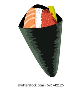 Illustration of Japanese fusion cuisine California hand roll sushi with salmon avocado and red caviar maki