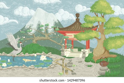 Illustration of a japanese garden. Arbor, trees, pond on the background of the mountain