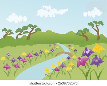 Illustration of a Japanese garden landscape with irises blooming by a stream