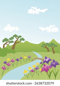 Illustration of a Japanese garden landscape with irises blooming by a stream
