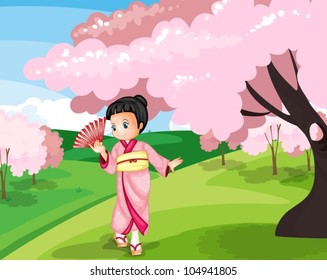 Illustration of a Japanese garden scene