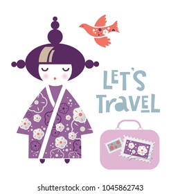 Illustration of a Japanese Girl in the form of a National Kokeshi doll in a kimono with floral decor with a suitcase and text Let's travel. Cartoon style.  Ideal for textile design, baby prints