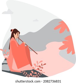 Illustration of a Japanese girl in national dress playing the flute in a beautiful Japanese garden