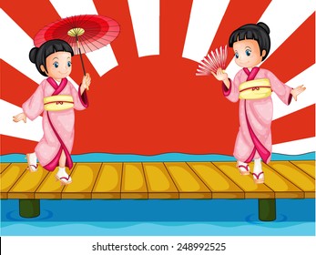 Illustration of japanese girls dancing