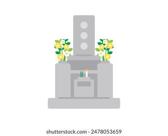 Una ilustración de una tumba japonesa con flores como ofrenda.