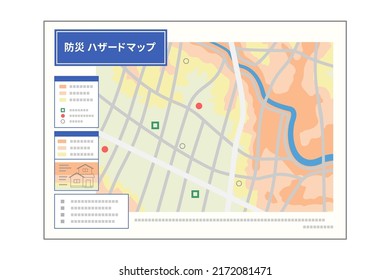 Illustration of the Japanese Hazard map, disaster prevention map
Translation: Disaster Prevention Map