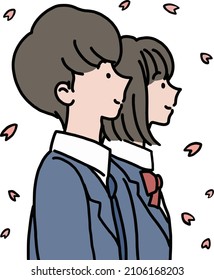 illustration of Japanese high school students, spring entrance and graduation.