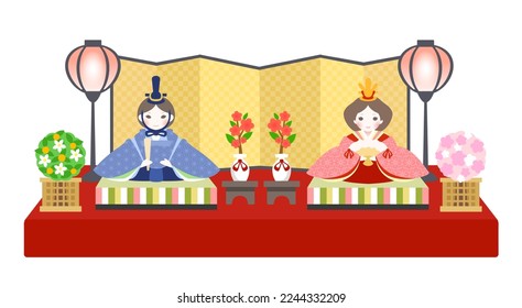 Illustration of Japanese "Hinamatsuri" event, the Peach Festival in March. A traditional Japanese spring festival for girls. It is also known as the Dolls' festival.