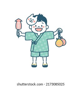 Illustration of Japanese kid enjoy summer festival
