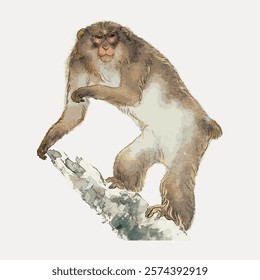 Illustration of a Japanese macaque, also known as a snow monkey, standing on a rock. The macaque has brown fur and a distinctive pink face. Isolated vintage art illustration, vector element.