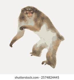 Illustration of a Japanese macaque, also known as a snow monkey. The macaque is depicted in a natural pose, showcasing its distinctive fur and features. Vintage illustration isolated on white, vector.