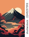 illustration of japanese mountain landscape background, mount fuji japan vector style background for wall art print decor poster design