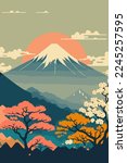 illustration of japanese mountain landscape background, mount fuji japan vector style background for wall art print decor poster design