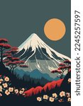 illustration of japanese mountain landscape background, mount fuji japan vector style background for wall art print decor poster design