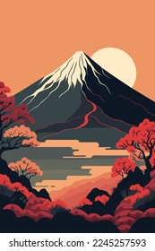 illustration of japanese mountain landscape background, mount fuji japan vector style background for wall art print decor poster design