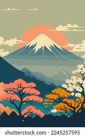 illustration of japanese mountain landscape background, mount fuji japan vector style background for wall art print decor poster design