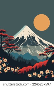 Illustration japanischer Berglandschaften, montierter fuji-japanischer Vektorhintergrund für die Gestaltung von Plakaten für Tapeten