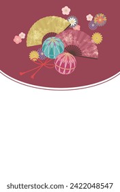 Illustration of Japanese New Year card with Temari ball and flowers