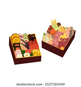 Illustration of  japanese New Year dishes,Osechi