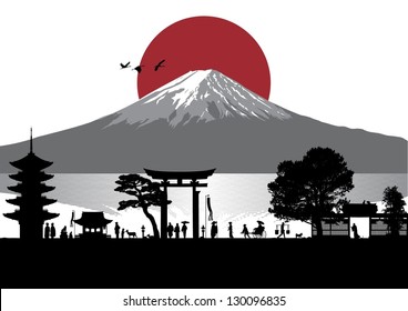 Illustration of Japanese people in Edo period with Fuji mountain background, vector