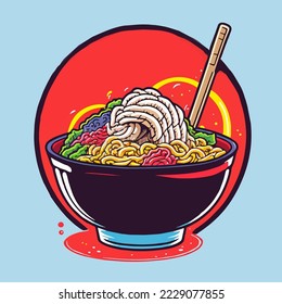 Illustration of Japanese Ramen noodles Bowl in Cartoon Style for mascot logo or sticker