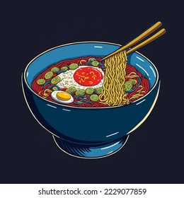 Illustration of Japanese Ramen noodles Bowl in Cartoon Style for mascot logo or sticker