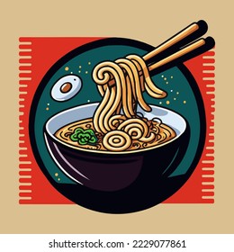 Illustration of Japanese Ramen noodles Bowl in Cartoon Style for mascot logo or sticker