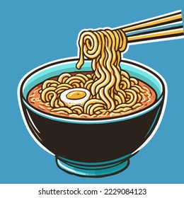 Ilustración del tazón de fideos de Ramen japonés al estilo de caricatura para el logo o pegatina de mascota