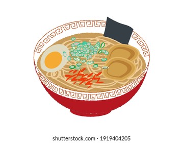 Illustration of Japanese ramen. Red bowl.