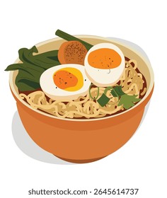 Illustration of Japanese ramen.A Bowl of Delicious Noodle Ramen Japanese Food with Boiled Egg