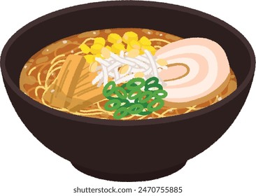 Illustration of Japanese ramen.Miso ramen topped with chashu, menma, corn, and green onions.