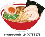 Illustration of Japanese ramen.Shoyu ramen is ramen that uses soy sauce for the soup.