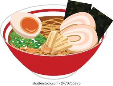 Illustration of Japanese ramen.Shoyu ramen is ramen that uses soy sauce for the soup.