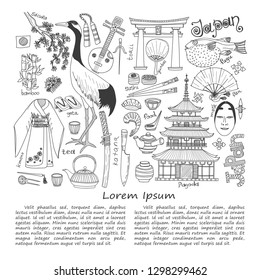 Illustration with Japanese related hand drawn icons including sakura, pagoda, teapots, food, kimono, fugu fish and others. Doodle vector Japanese related collection
