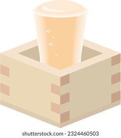 The illustration of Japanese sake poured meticulously into a glass placed in a masu.