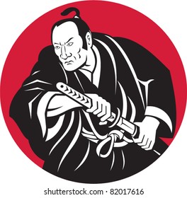 illustration of a Japanese Samurai warrior about to draw sword set inside circle done in retro style