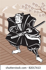 illustration of a Japanese Samurai warrior sword on bridge with tree and mountains in background done in retro woodcut style