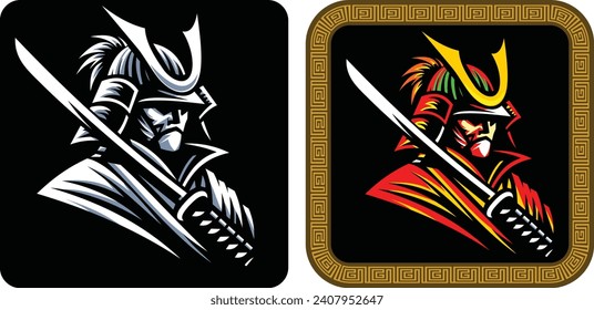 Illustration of a Japanese samurai warrior with two variations of black and gold background colors can be used for a company logo or as a background